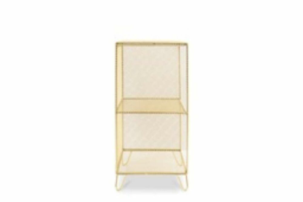chevet en grillage doré pouvant être utilsé en chevet et aussi en bout de canapé. Elle se positionne partout. Dimension: hauteur 61 cm, largeur 28 cm, profondeur 30 cm.